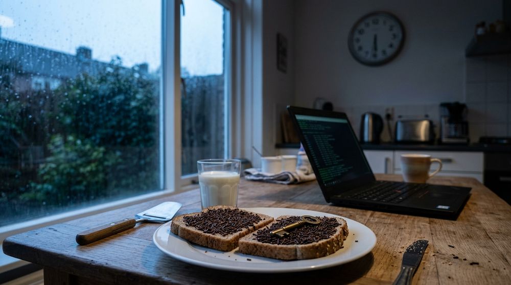 A breakfast table at dawn: bread with chocolate sprinkles, a glass of milk, and a small brass key on a slice of bread, with a laptop glowing behind.