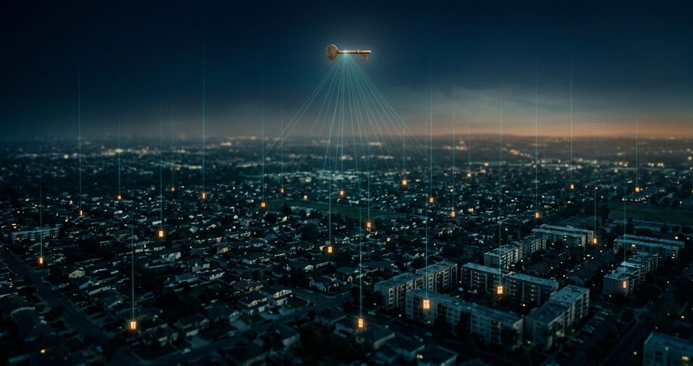 A city at night seen from above: scattered single lit windows across thousands of homes, each sending a thin thread of light up to one brass key hanging in the sky.