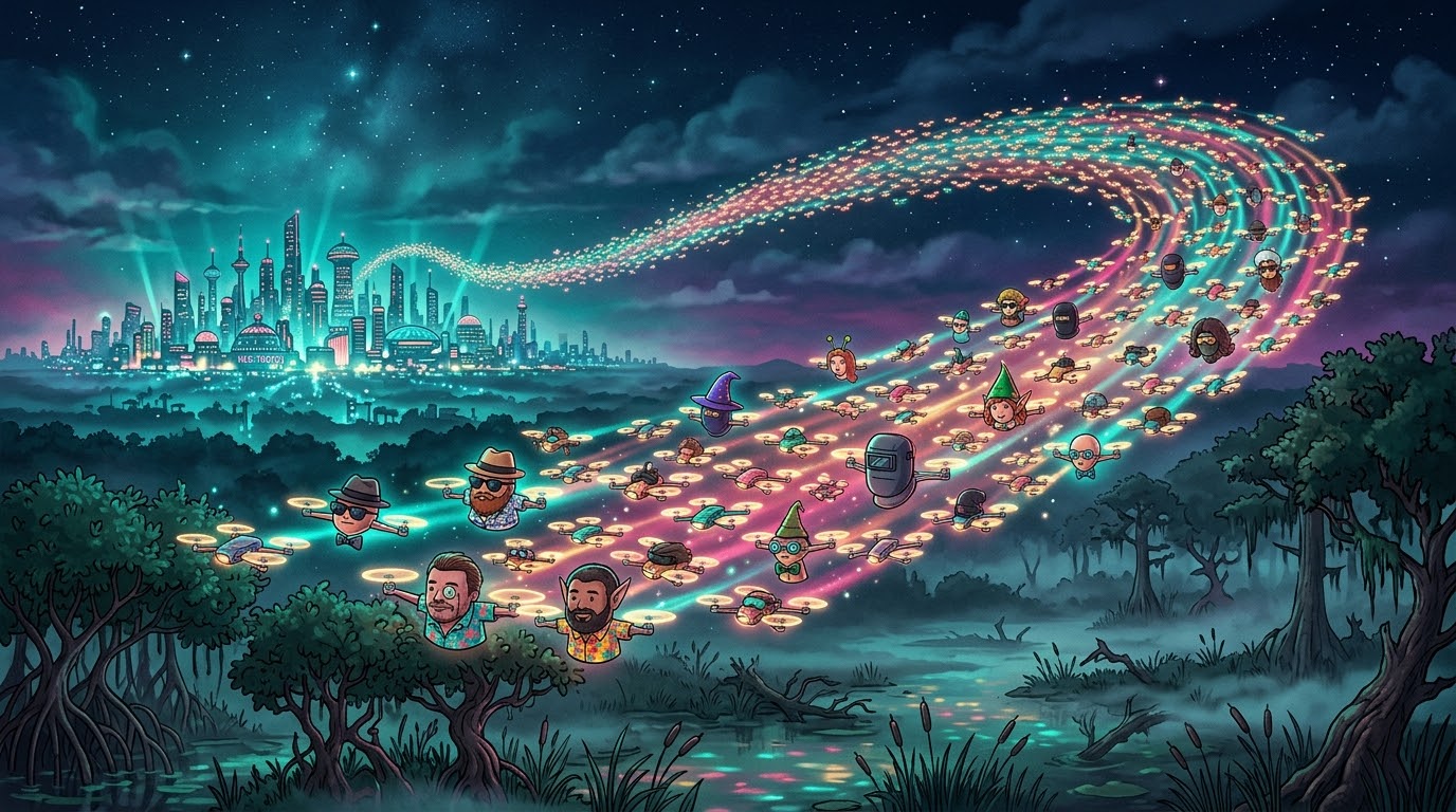 A river of disguised drones in hats, glasses and masks streams from a neon city skyline towards a swamp at night