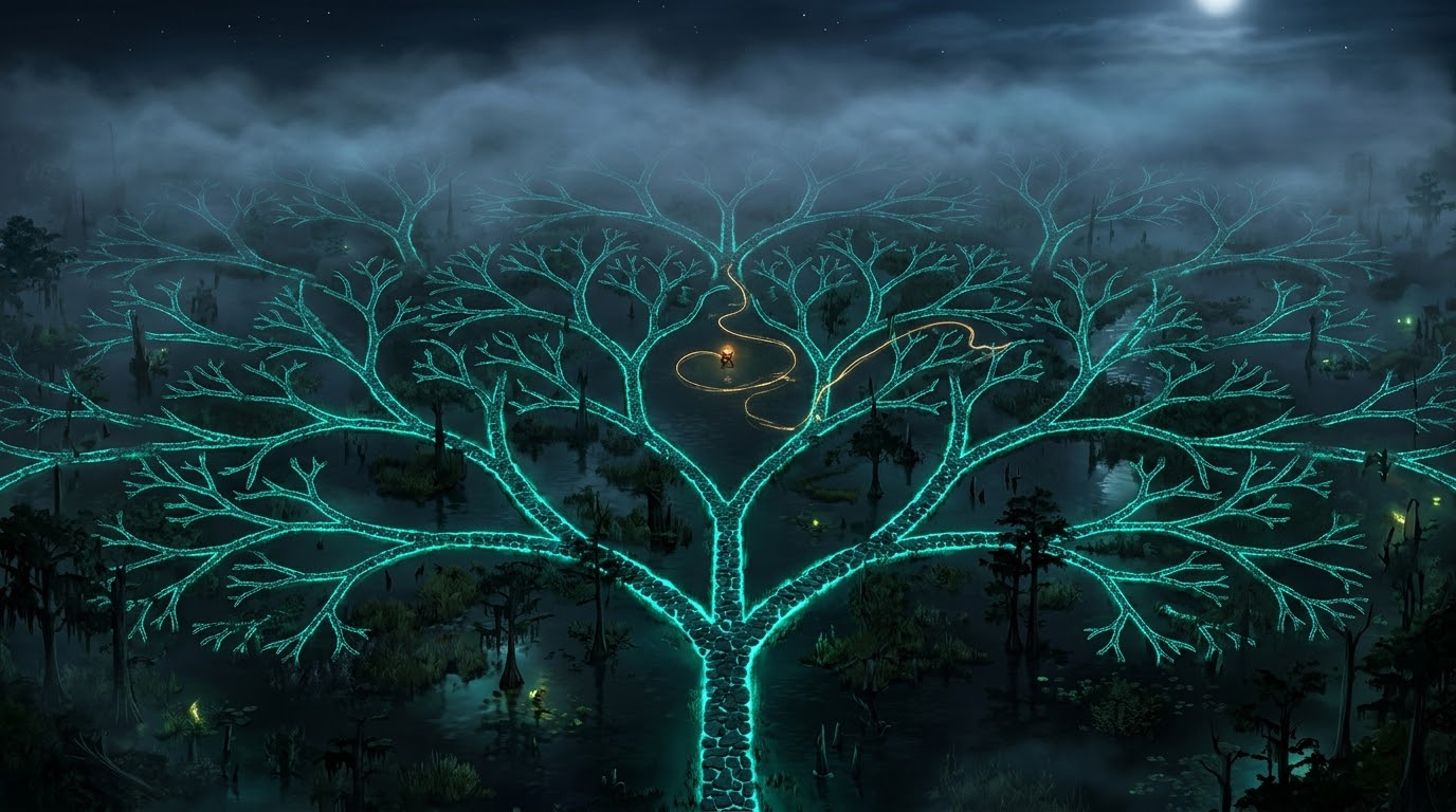Aerial view of a glowing path in a swamp that splits again and again into a vast branching tree, with a tiny light trail deep inside