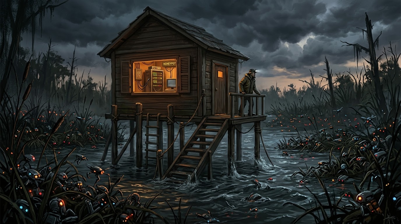 A wooden honeypot hut on stilts, a server glowing inside, as swamp water full of robots rises towards its door under a storm