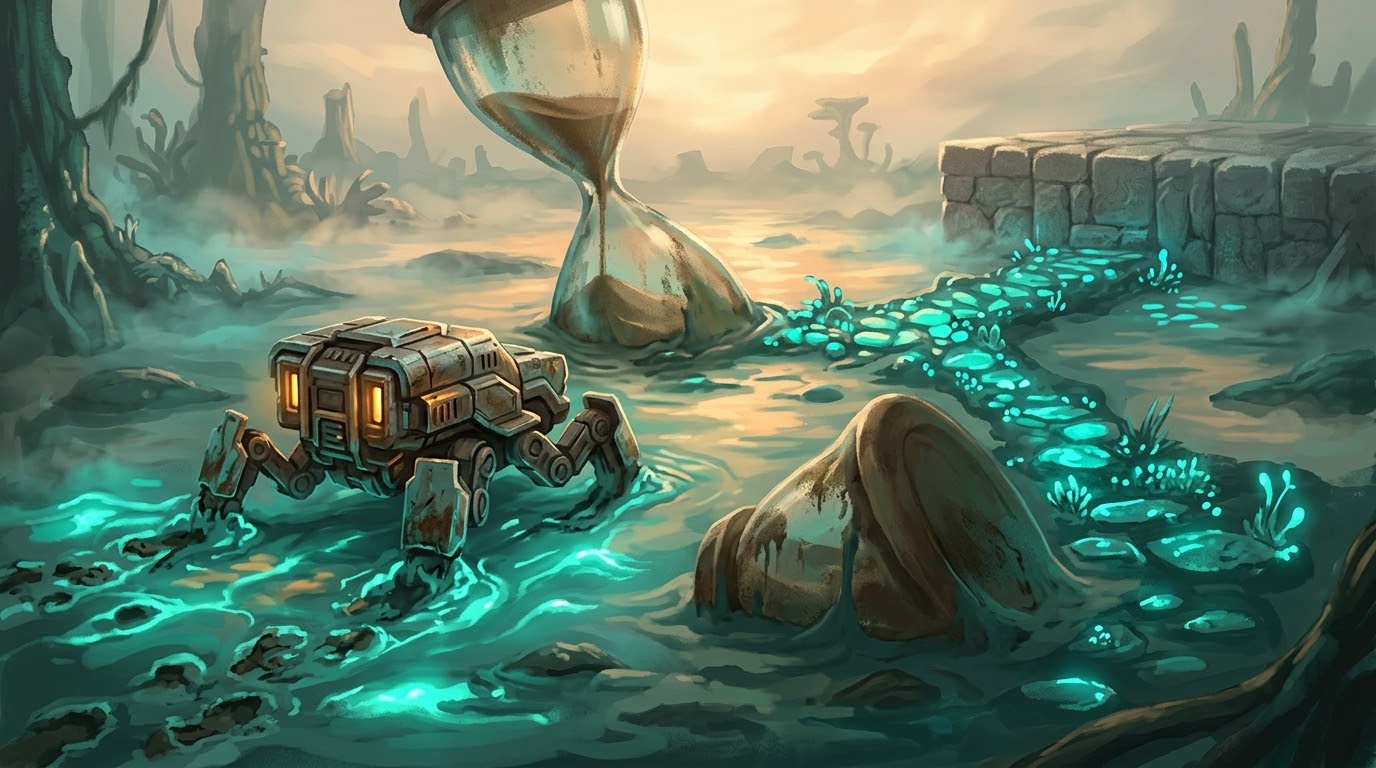 A robot trudges through glowing mud beside a half-sunk hourglass, while the glowing path ends at a solid stone platform