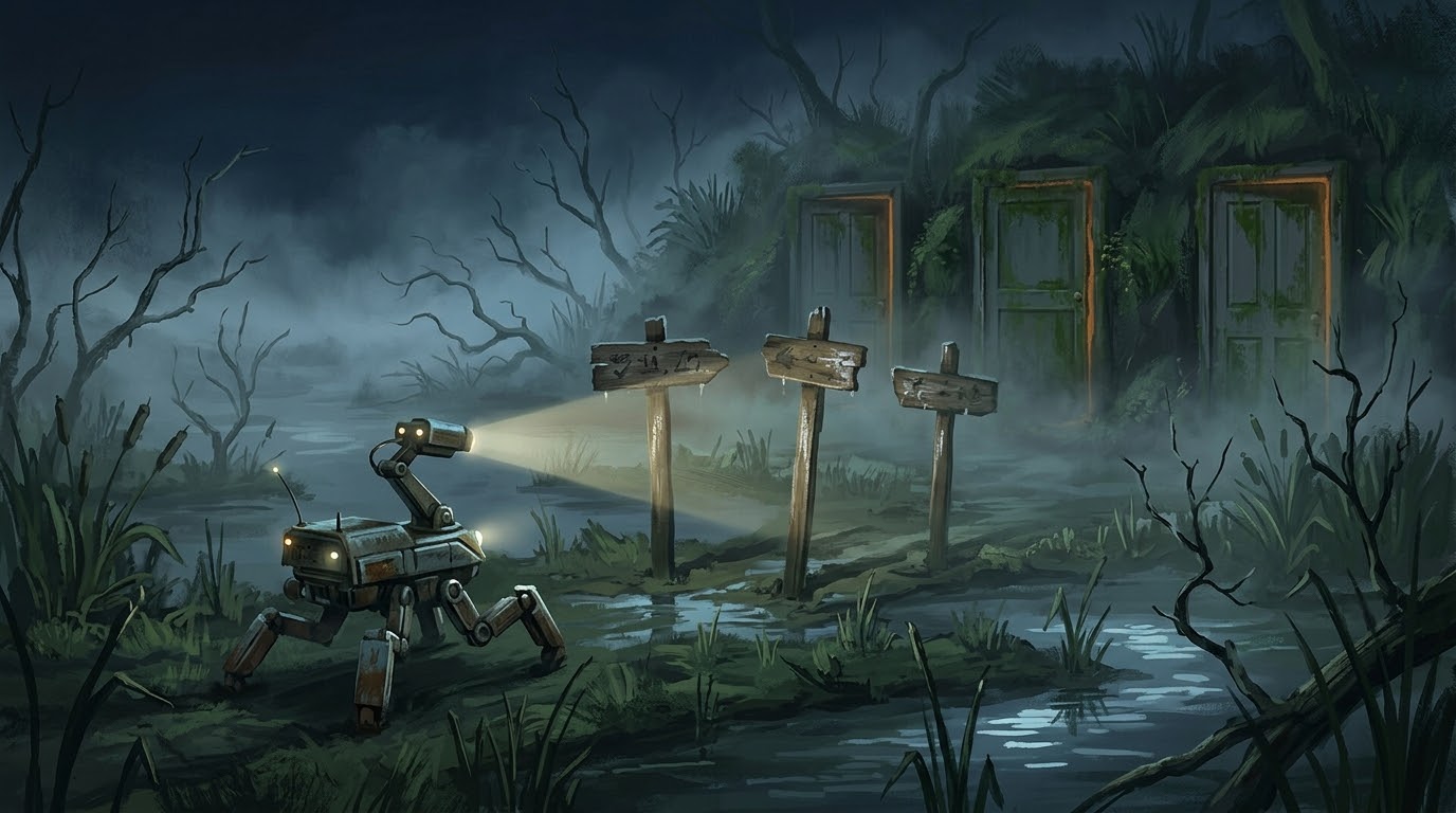 A robot shines its scanner at three wooden signposts in a foggy marsh, with three mossy doors glowing behind them