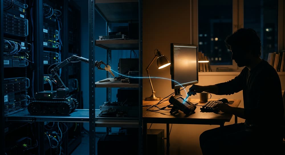A robot arm in a dark server room lifts a brass key; a thread of light carries it to a person at a lamp-lit desk elsewhere, typing into a terminal.