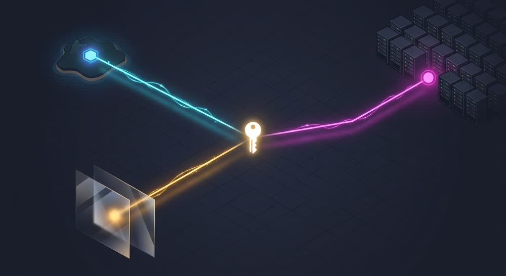 One glowing key at the centre of a dark grid with three coloured trails leading away: to a cloud, to a block of server racks, and to a pane of mirrored glass.